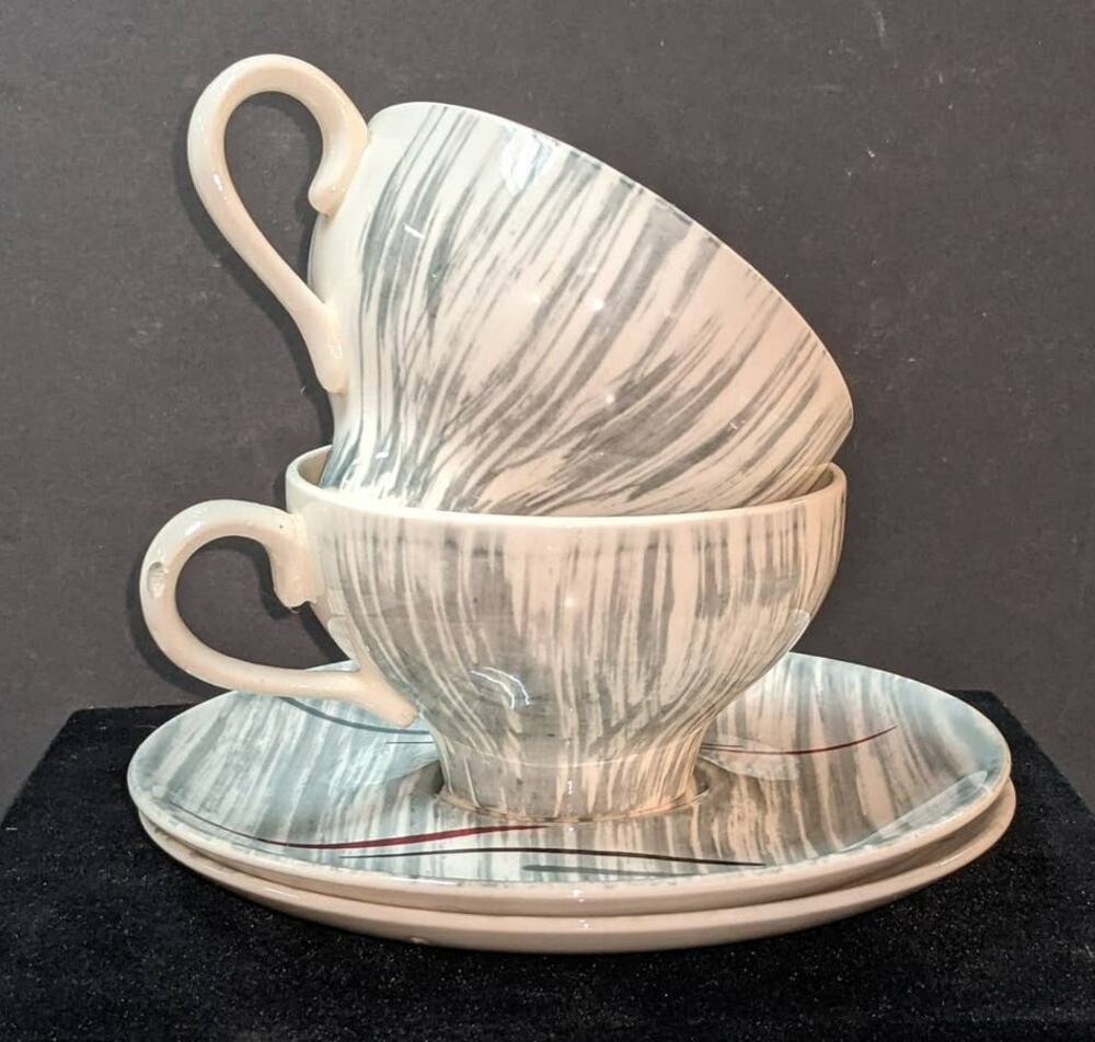 Stetson Vintage Set of 2 Tea Cups and Saucers Midcentury Minimalist Gray Red